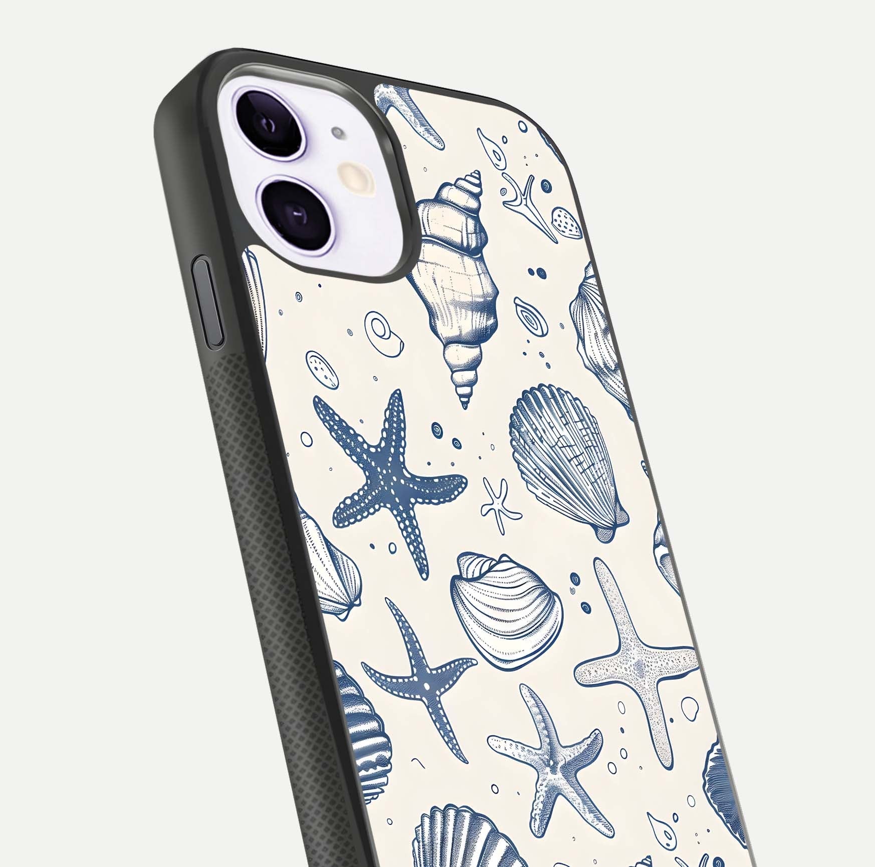 Blue Ocean Outline Glass Case for iPhone 11 close-up shot highlighting line art details and reflection texture