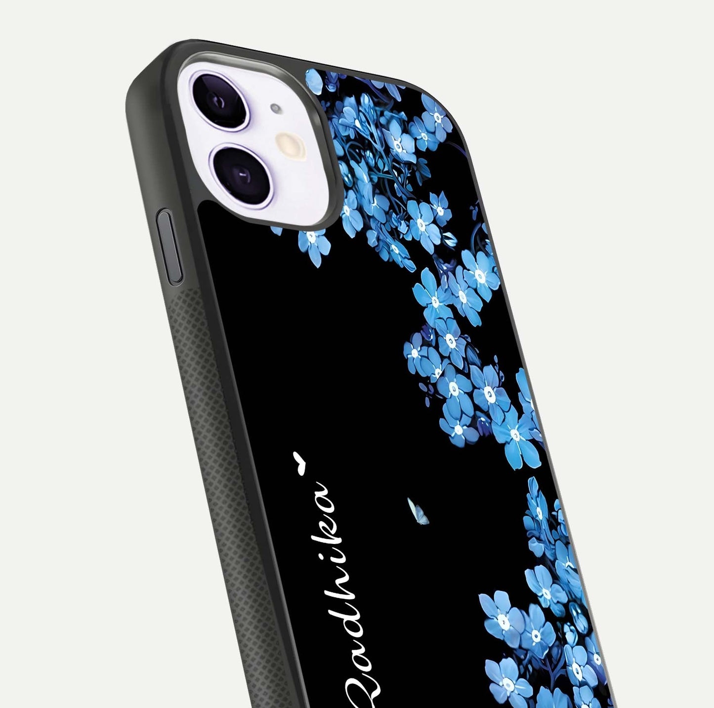 Blue Petal Dream Custom Name Glass Case for iPhone 11 close-up highlighting petal texture and gloss reflection