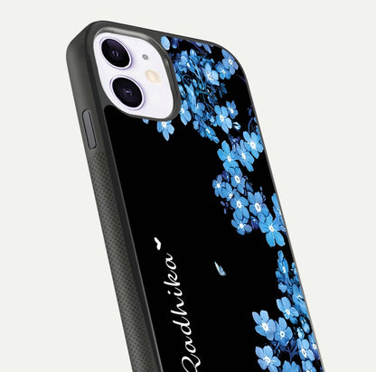 Blue Petal Dream Custom Name Glass Case for iPhone 11 close-up highlighting petal texture and gloss reflection