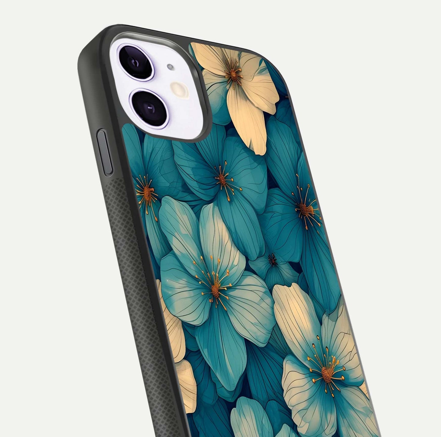 Blue Shade Floral Glass Case for iPhone 11 close-up angle showing flower print precision and reflection