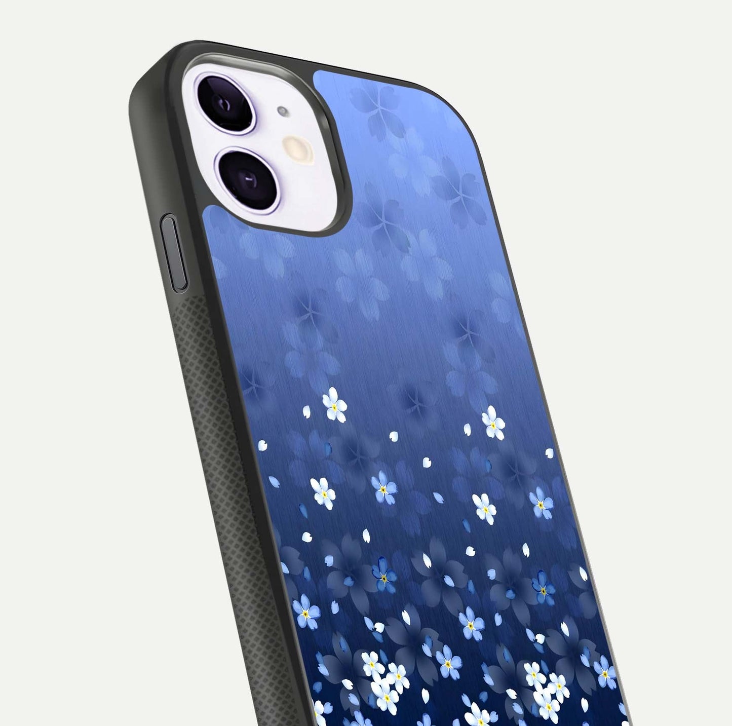Blue Starry Glass Case for iPhone 11 close-up image highlighting sparkle details and midnight blue gradient