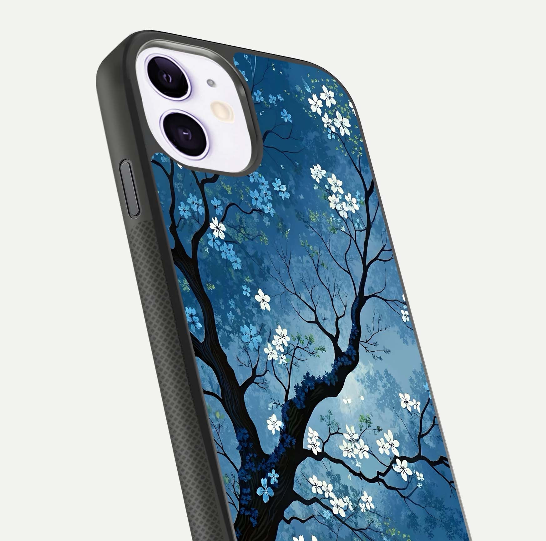 Blue Tree Serenity Glass Case for iPhone 11 close-up view highlighting tree branches and reflection gloss