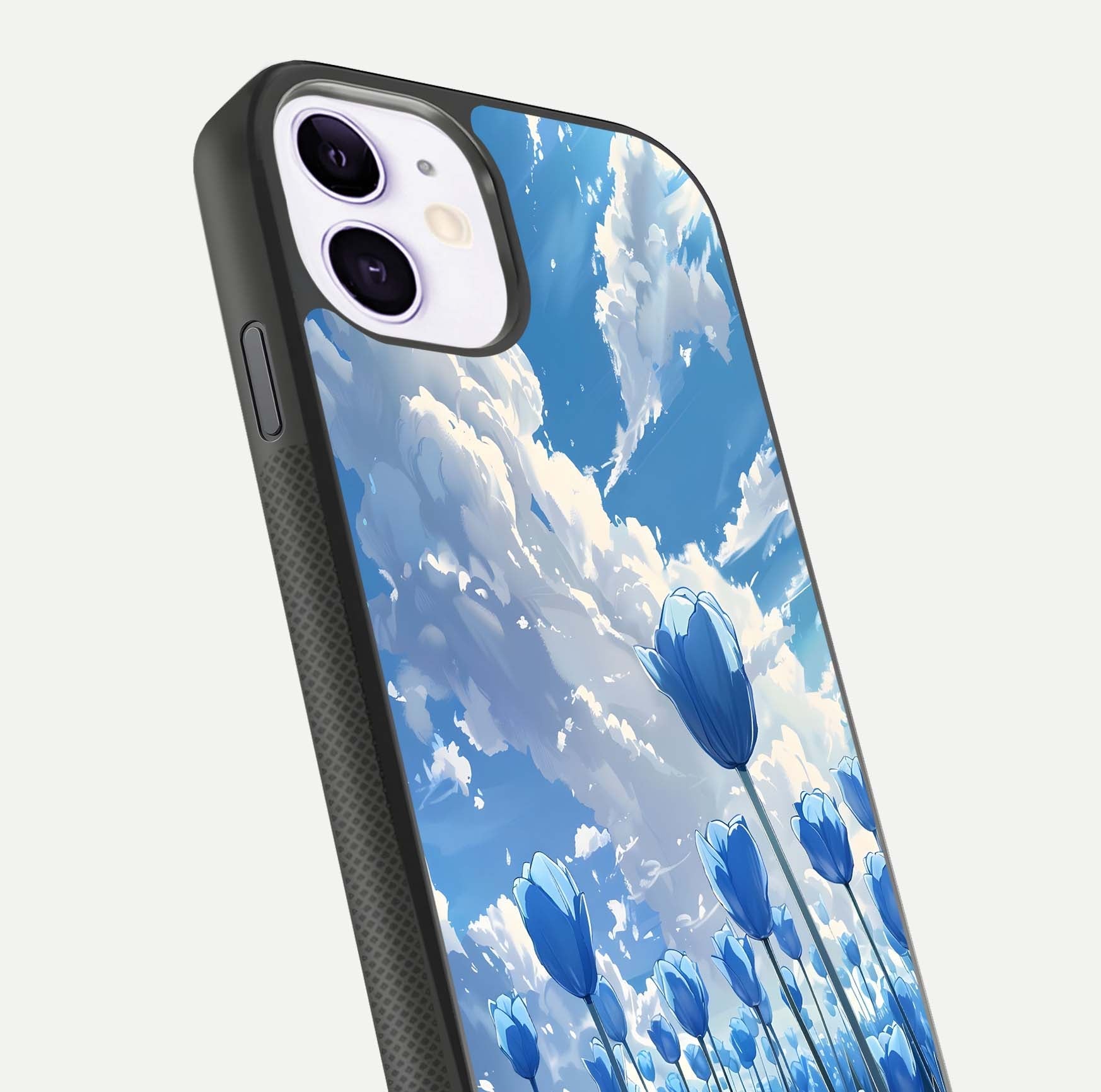 Blue Tulip Clouds Glass Case for iPhone 11 close-up image highlighting tulip petals, clouds, and reflection texture