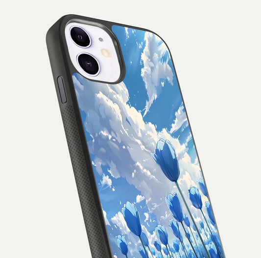 Blue Tulip Clouds Glass Case for iPhone 11 close-up image highlighting tulip petals, clouds, and reflection texture