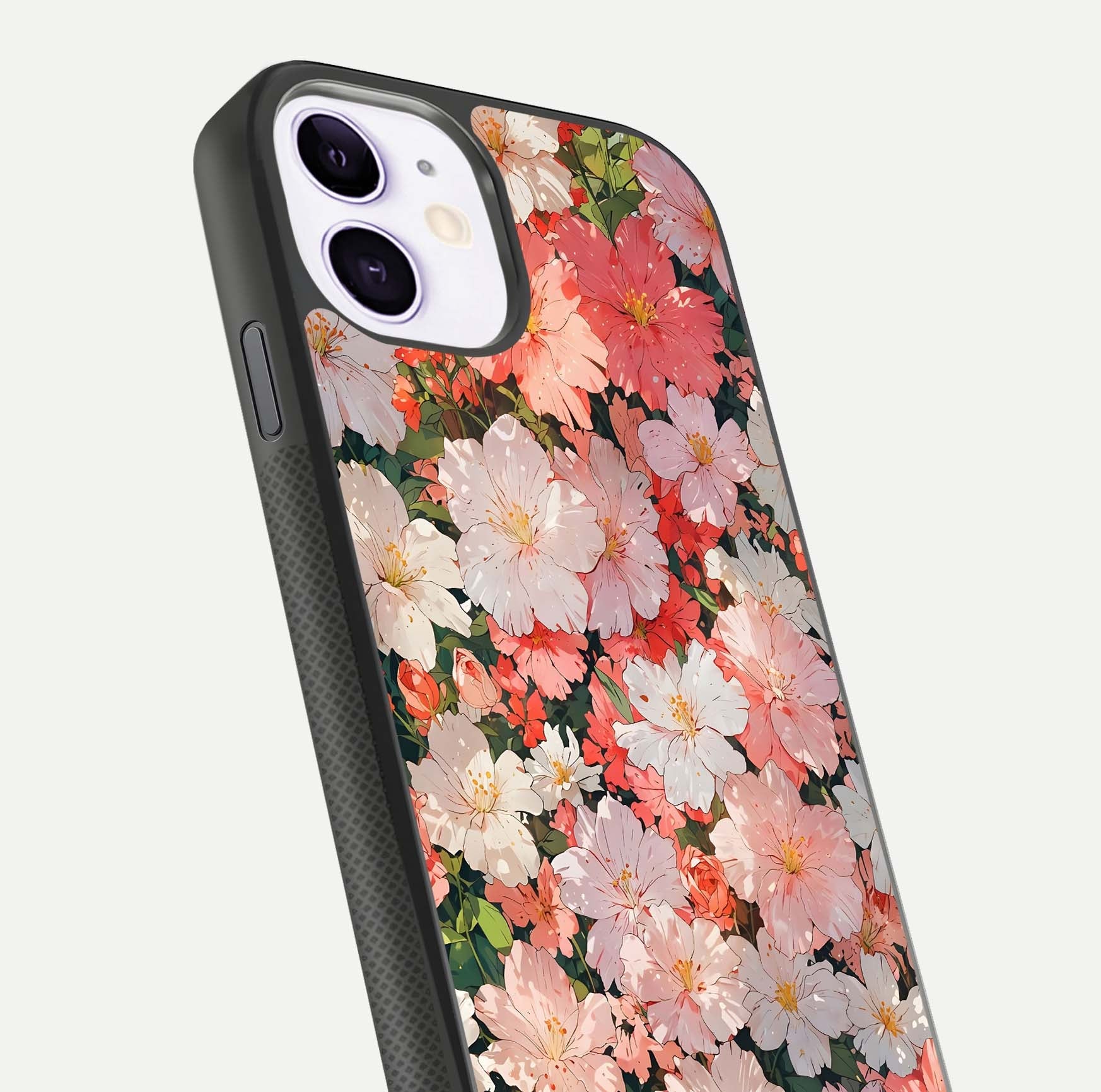 Blush Bloom Field Glass Case for iPhone 11 close-up shot capturing pastel flower field tones and gloss shine