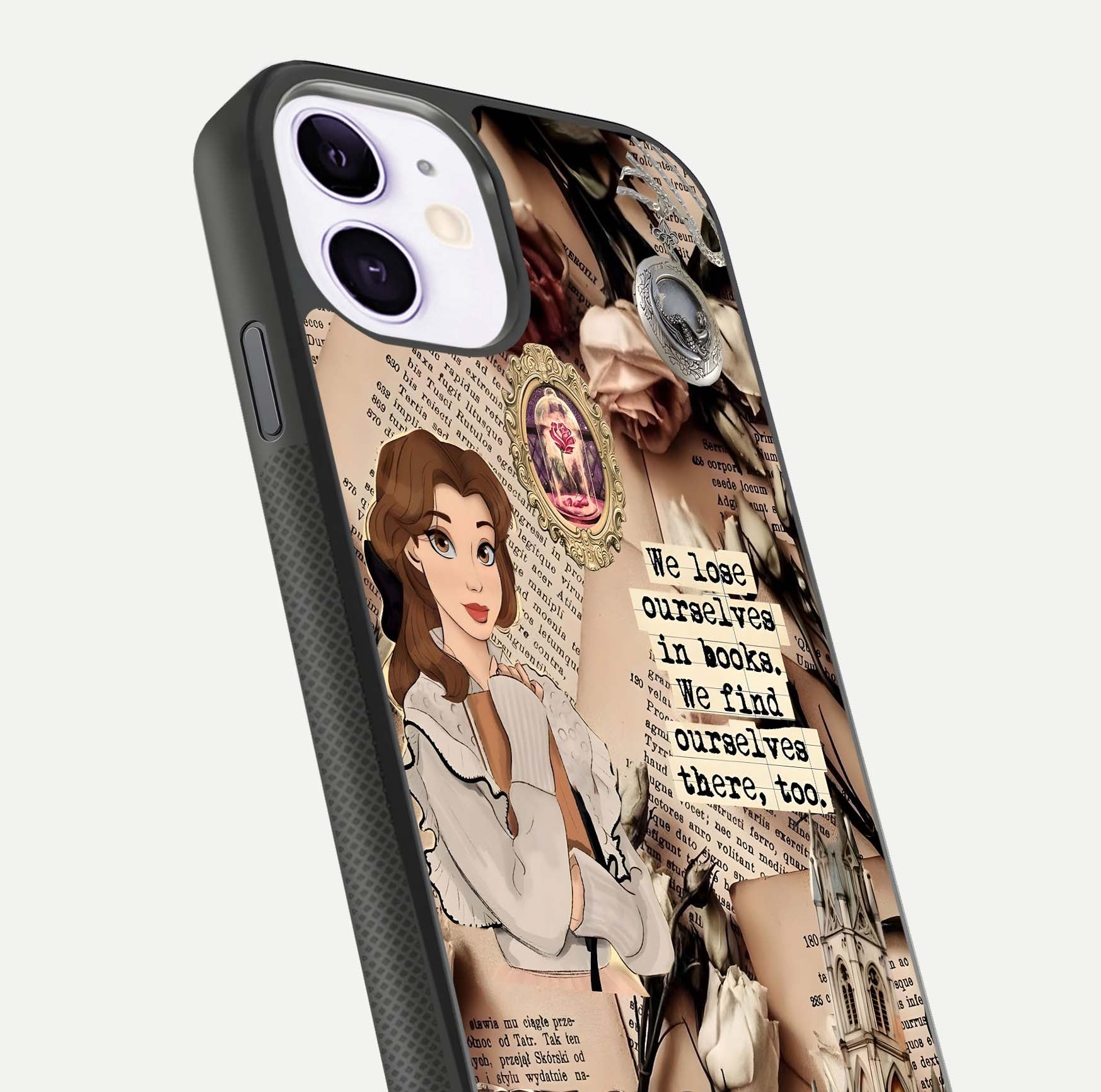 Bookish Dream World Glass Case for iPhone 11 close-up shot highlighting book elements and reflection gloss