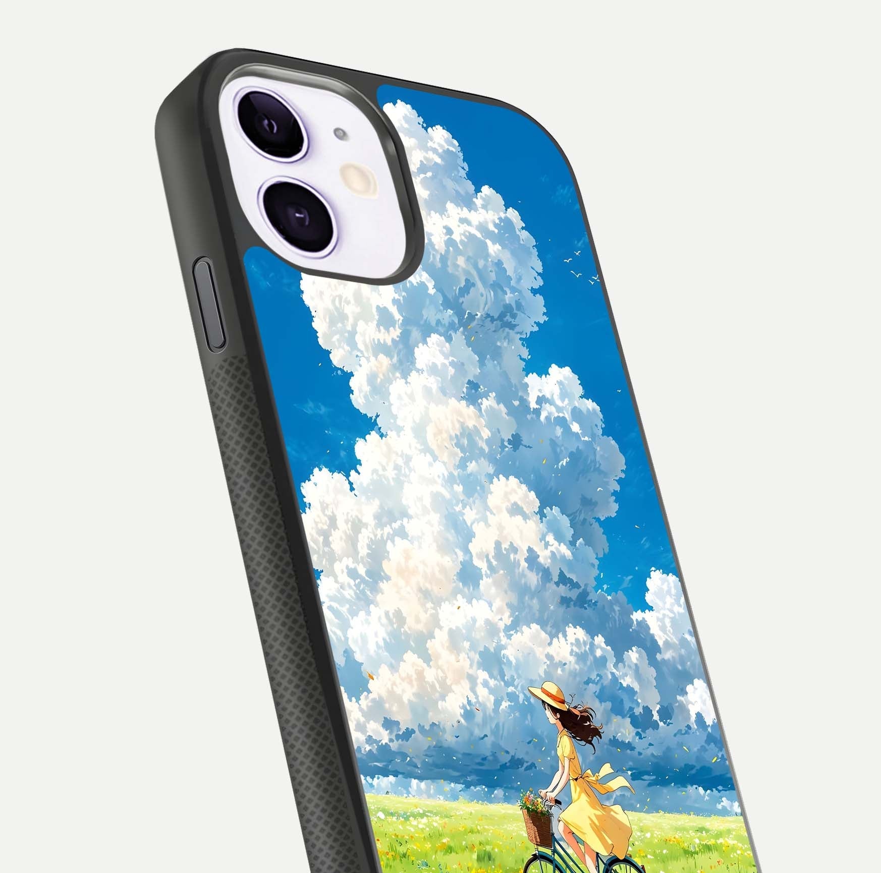 Breezy Meadow Ride Glass Case for iPhone 11 close-up shot showing flowers and breezy motion texture