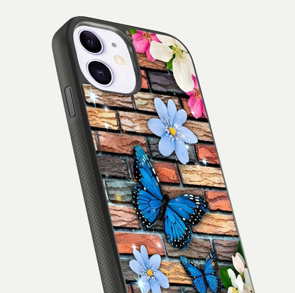 Brick Bloom Flight Glass Case for iPhone 11 close-up angle highlighting flower clusters and reflection detail