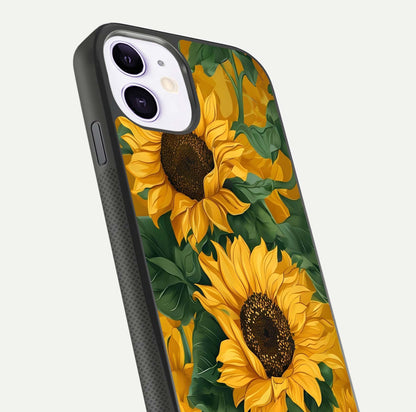 Bright Sunflower Bloom Glass Case for iPhone 11 close-up image highlighting yellow petal detail and HD reflection