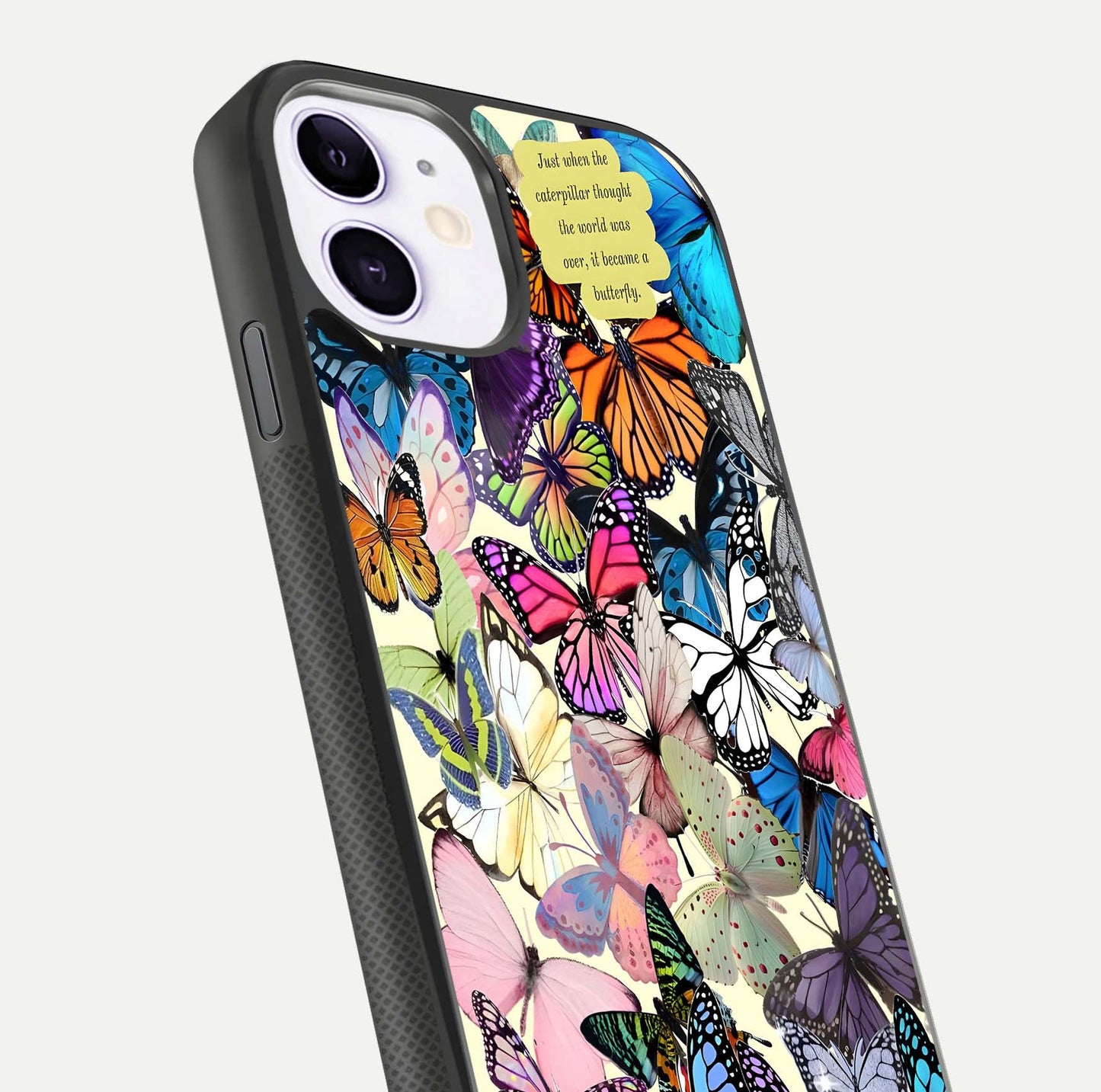 Butterflies Petal Dream Glass Case for iPhone 11 close-up highlighting butterfly wings and pink petal gloss