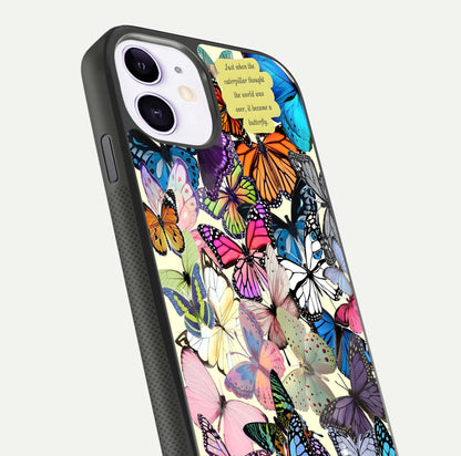 Butterflies Petal Dream Glass Case for iPhone 11 close-up highlighting butterfly wings and pink petal gloss