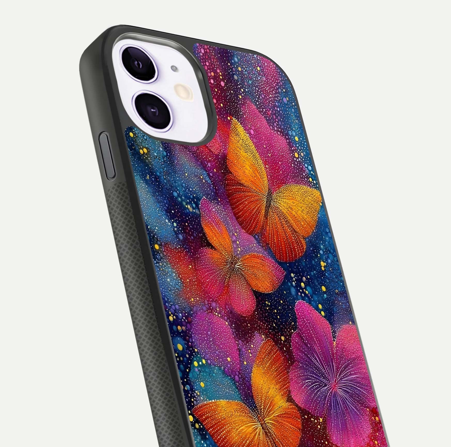 Butterfly Dream Mist Glass Case for iPhone 11 close-up capturing wing pattern detail and glossy finish texture