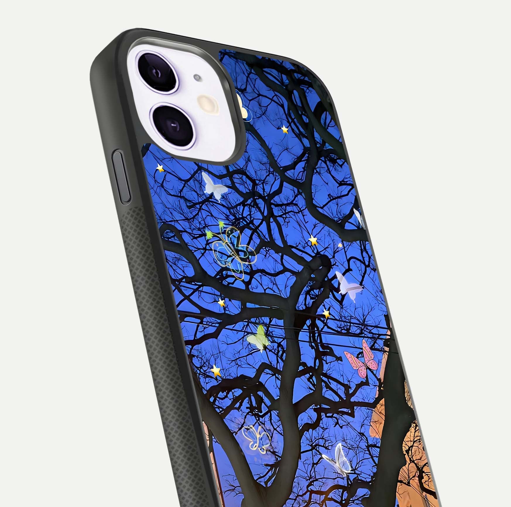 Butterfly Night Magic Glass Case for iPhone 11 close-up highlighting wings reflection and gloss shimmer