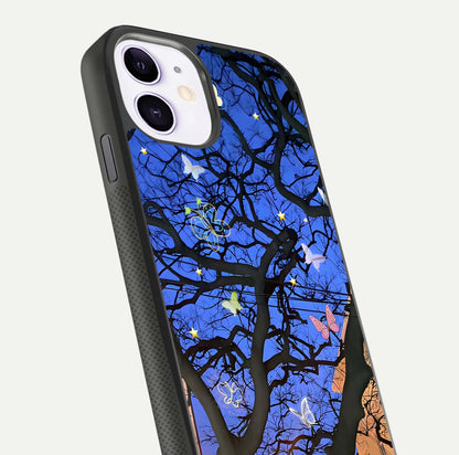 Butterfly Night Magic Glass Case for iPhone 11 close-up highlighting wings reflection and gloss shimmer