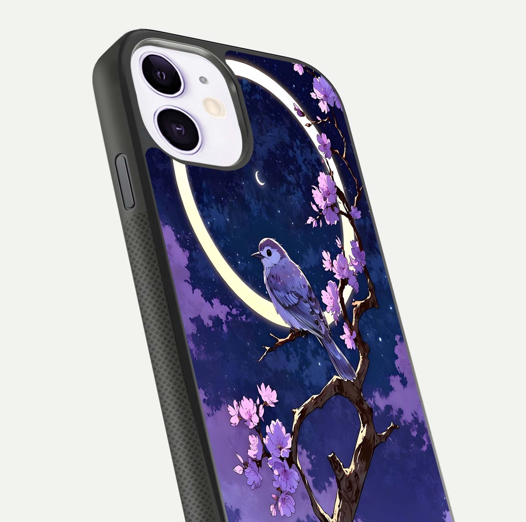 Celestial Bird Blossom Glass Case for iPhone 11 close-up capturing bird detail, petal reflection, and gloss shine