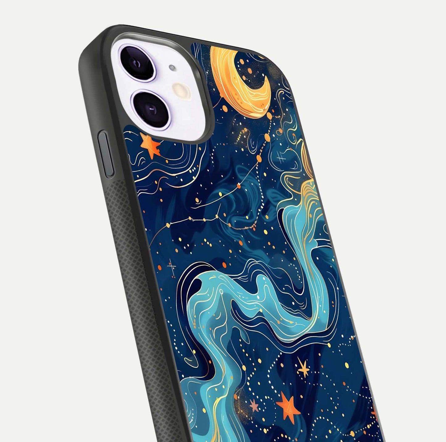 Celestial Dream Flow Glass Case for iPhone 11 close-up highlighting star reflections and smooth glow gradient