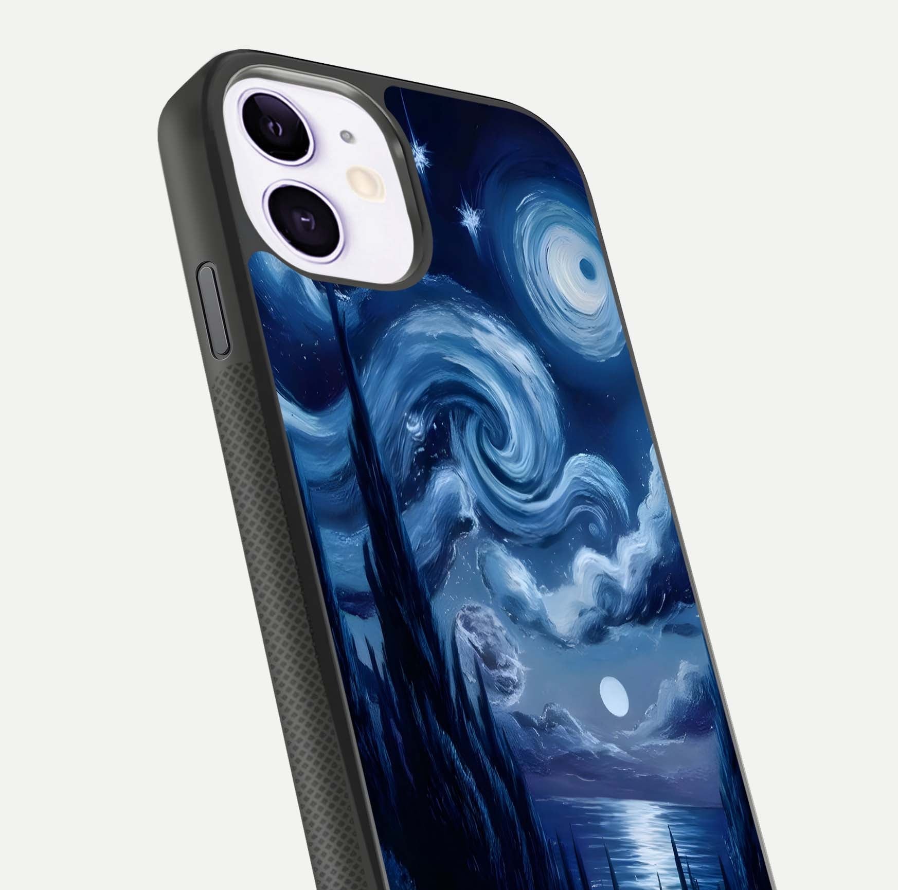 Celestial Dream Van Gogh Glass Case for iPhone 11 close-up view capturing vivid brush details and star reflection