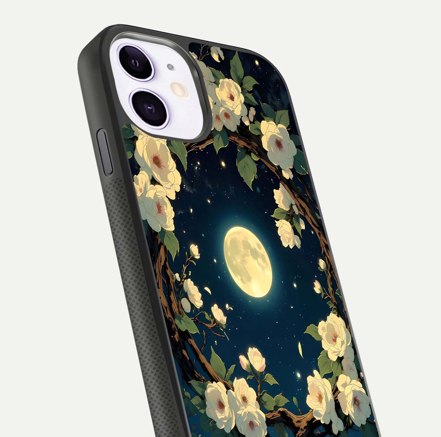 Celestial Moon & Flower Glass Case for iPhone 11 close-up capturing petal reflection and moonlight contrast