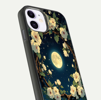 Celestial Moon & Flower Glass Case for iPhone 11 close-up capturing petal reflection and moonlight contrast