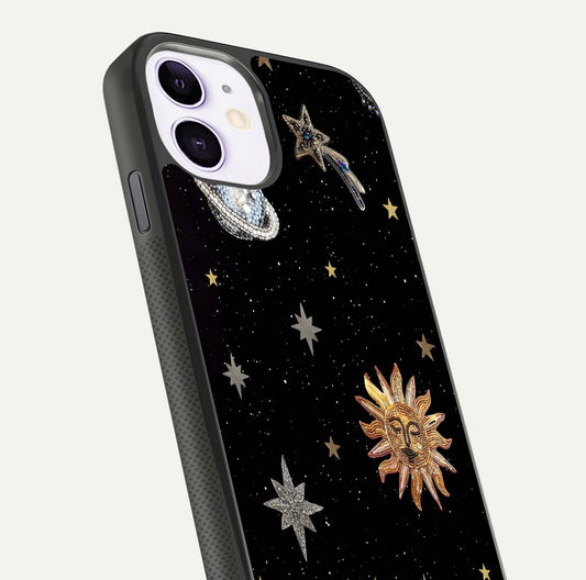 Celestial Moon With Stars Glass Case for iPhone 11 close-up showing cosmic reflection and HD shine