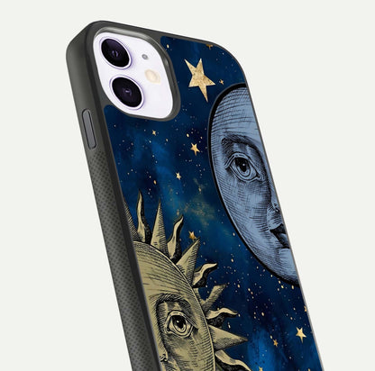 Celestial Moon With Sun Glass Case for iPhone 11 close-up highlighting fine celestial detail and polish reflection