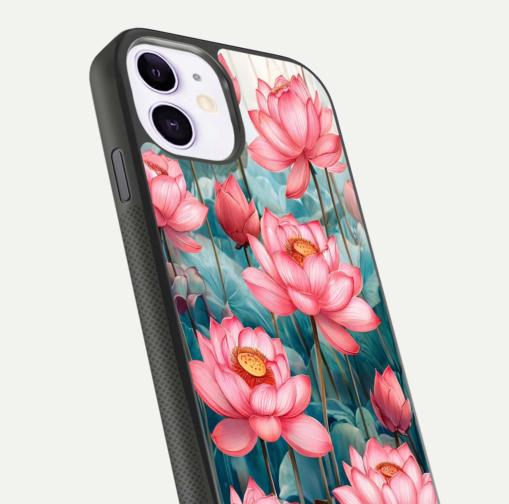 Celestial Pink Lotus Glass Case for iPhone 11 close-up highlighting petal detail and HD glass reflection