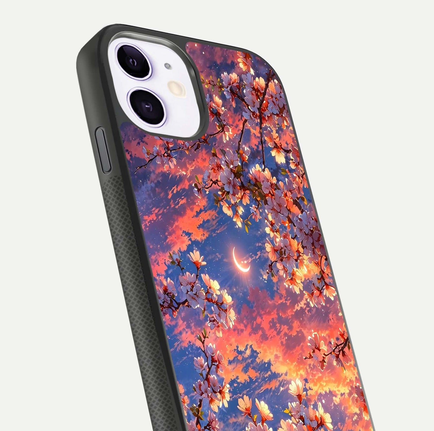 Celestial Sakura Sunset Glass Case for iPhone 11 close-up image highlighting blossom petals and gloss shine