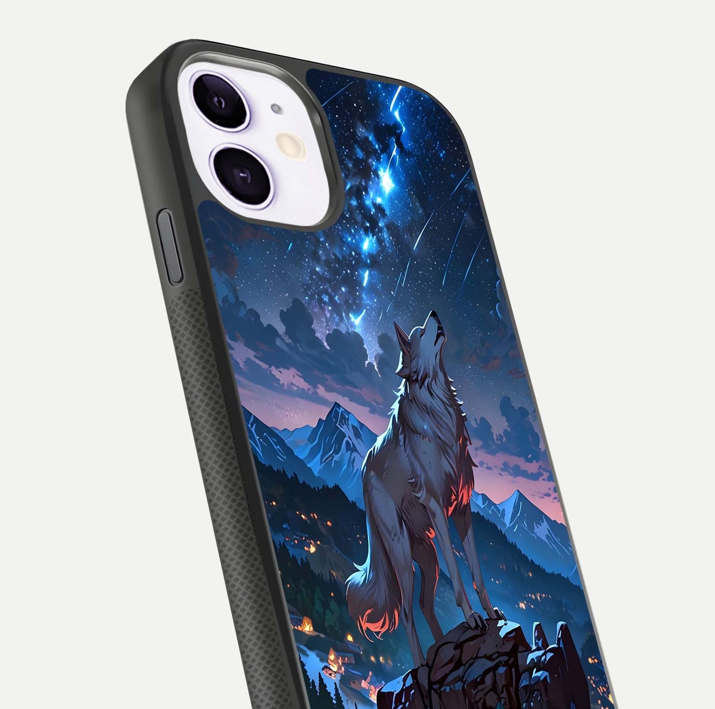 Celestial Wolf Howl Glass Case for iPhone 11 close-up showing wolf silhouette and glowing moon reflection