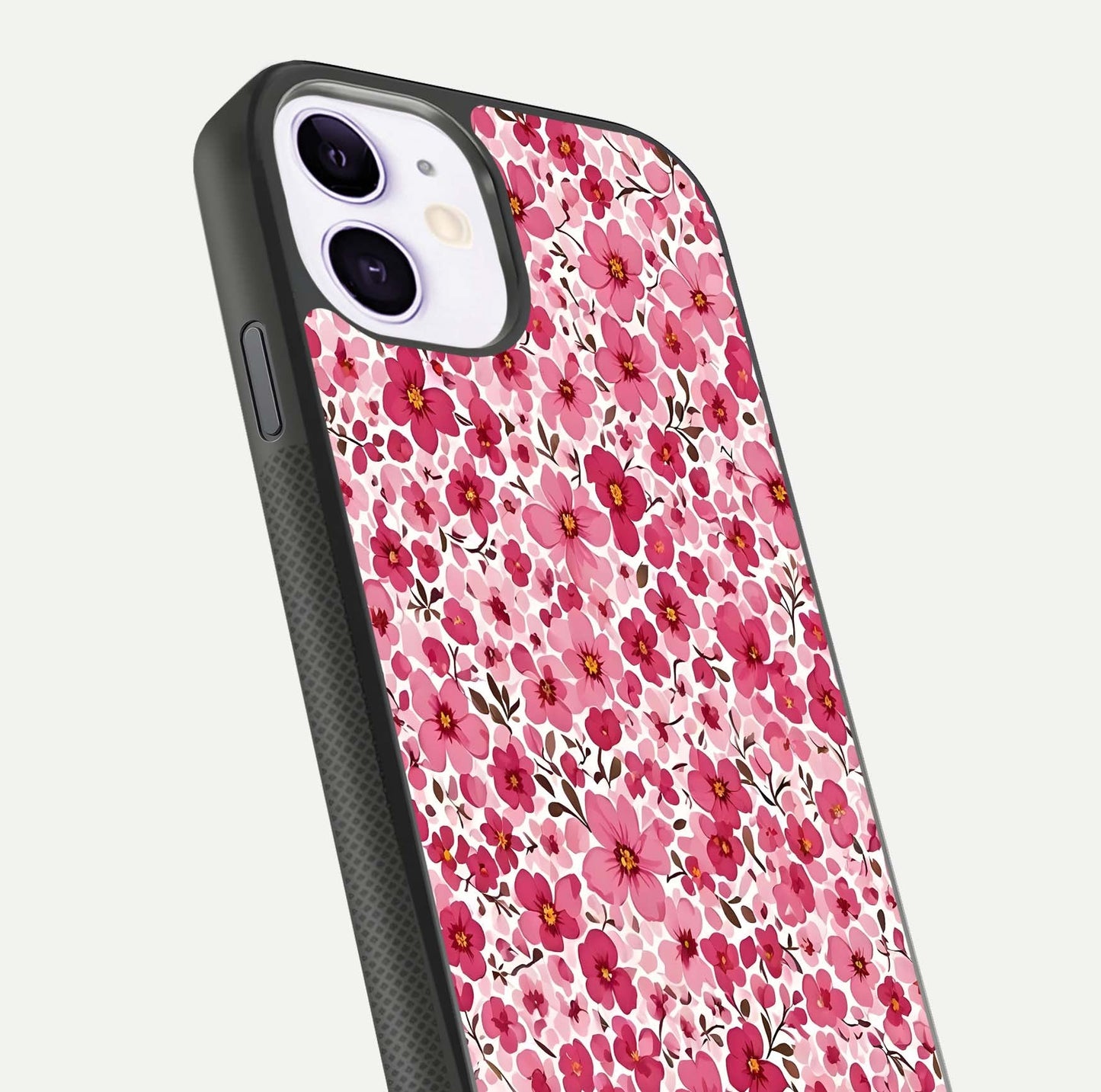 Cherry Blossom Charm Glass Case for iPhone 11 close-up highlighting petal gradient and reflection shine