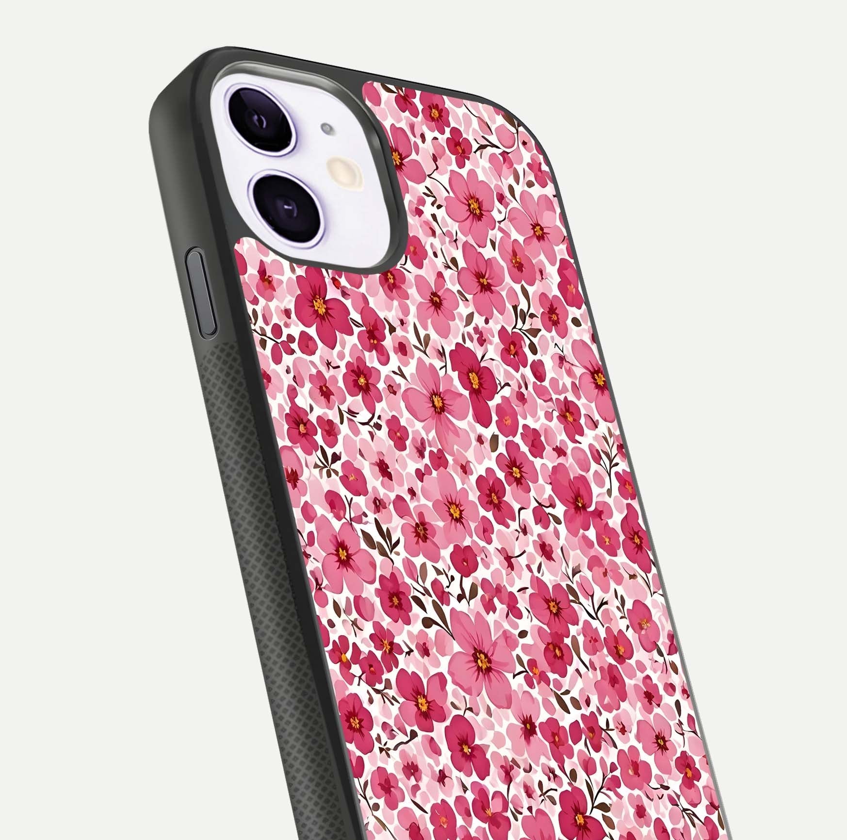 Cherry Blossom Charm Glass Case for iPhone 11 close-up highlighting petal gradient and reflection shine