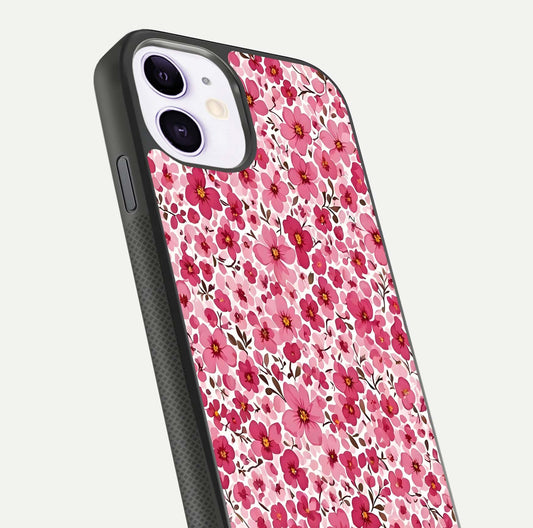 Cherry Blossom Charm Glass Case for iPhone 11 close-up highlighting petal gradient and reflection shine