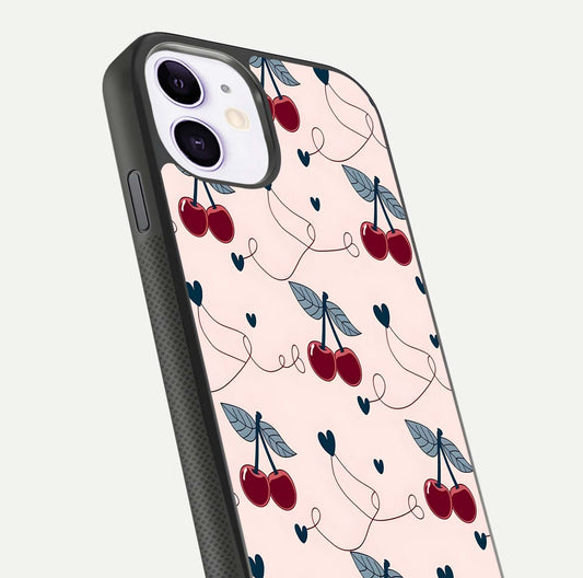 Cherry Heart Line Glass Case for iPhone 11 close-up showing heart outline and HD reflection gloss