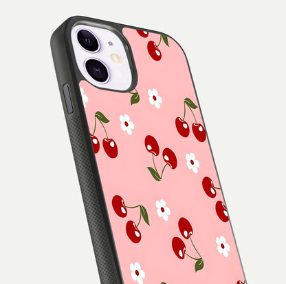 Cherry Love Mood Glass Case for iPhone 11 close-up highlighting cherry heart pattern and reflection shine