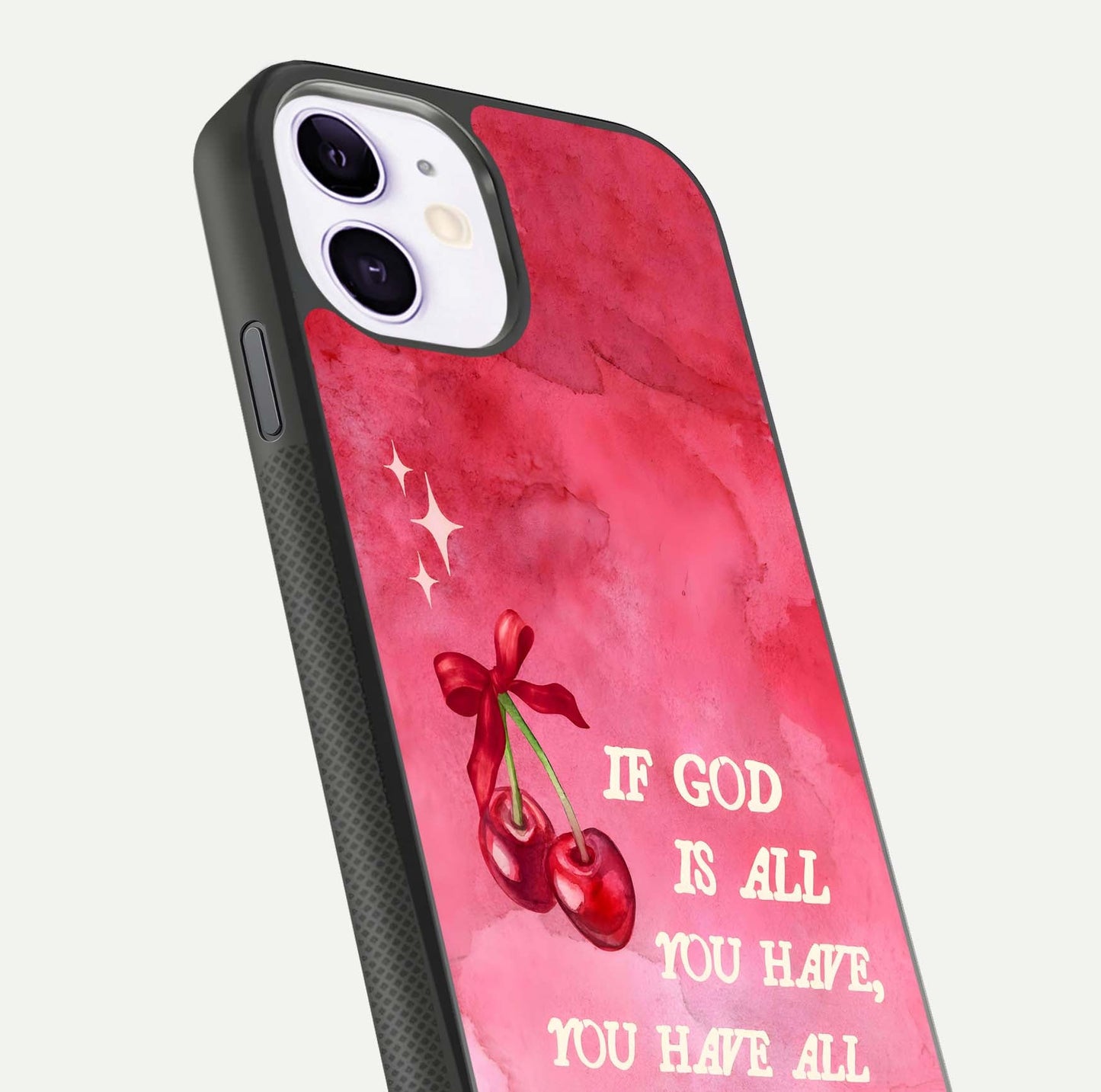Cherry Quote Glass Case for iPhone 11 close-up showing printed quote detail and HD reflection gloss