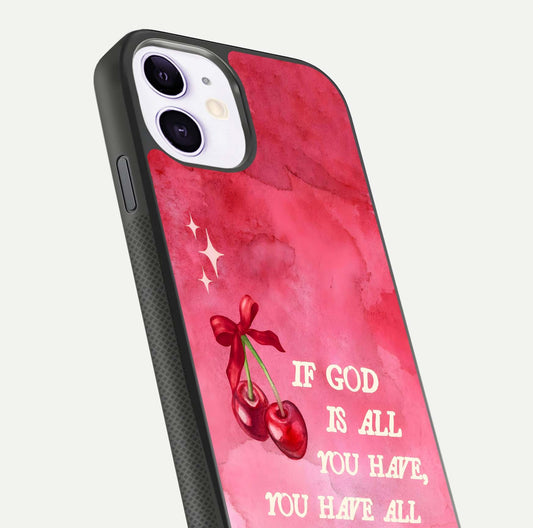 Cherry Quote Glass Case for iPhone 11 close-up showing printed quote detail and HD reflection gloss