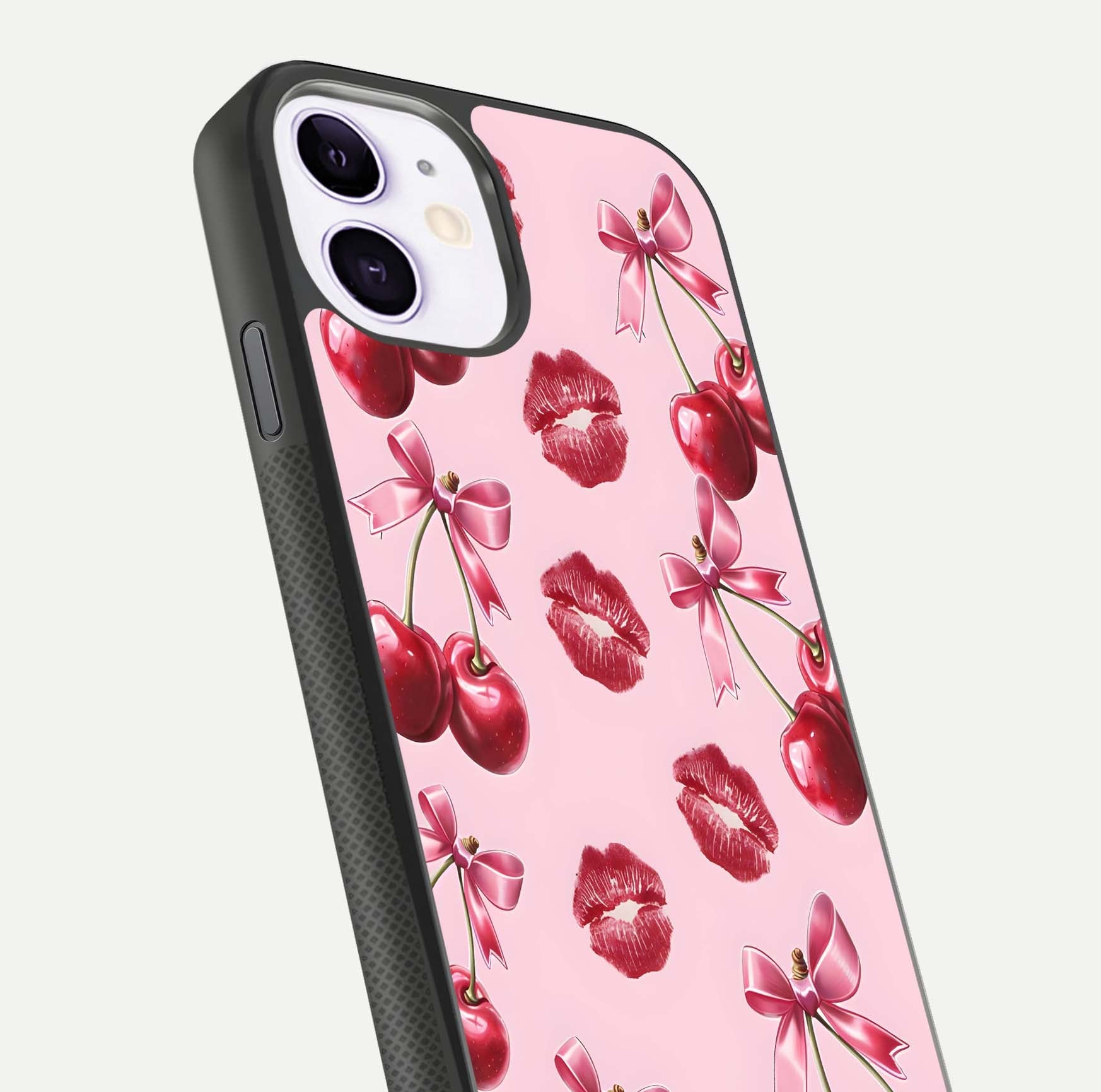 Cherry With Lips Glass Case for iPhone 11 close-up view highlighting lips texture and reflection shine