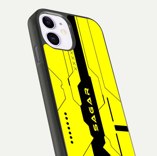 Circuit CYBERPUNK Custom Name Glass Case for iPhone 11 close-up highlighting neon lines, futuristic tones, and gloss reflection