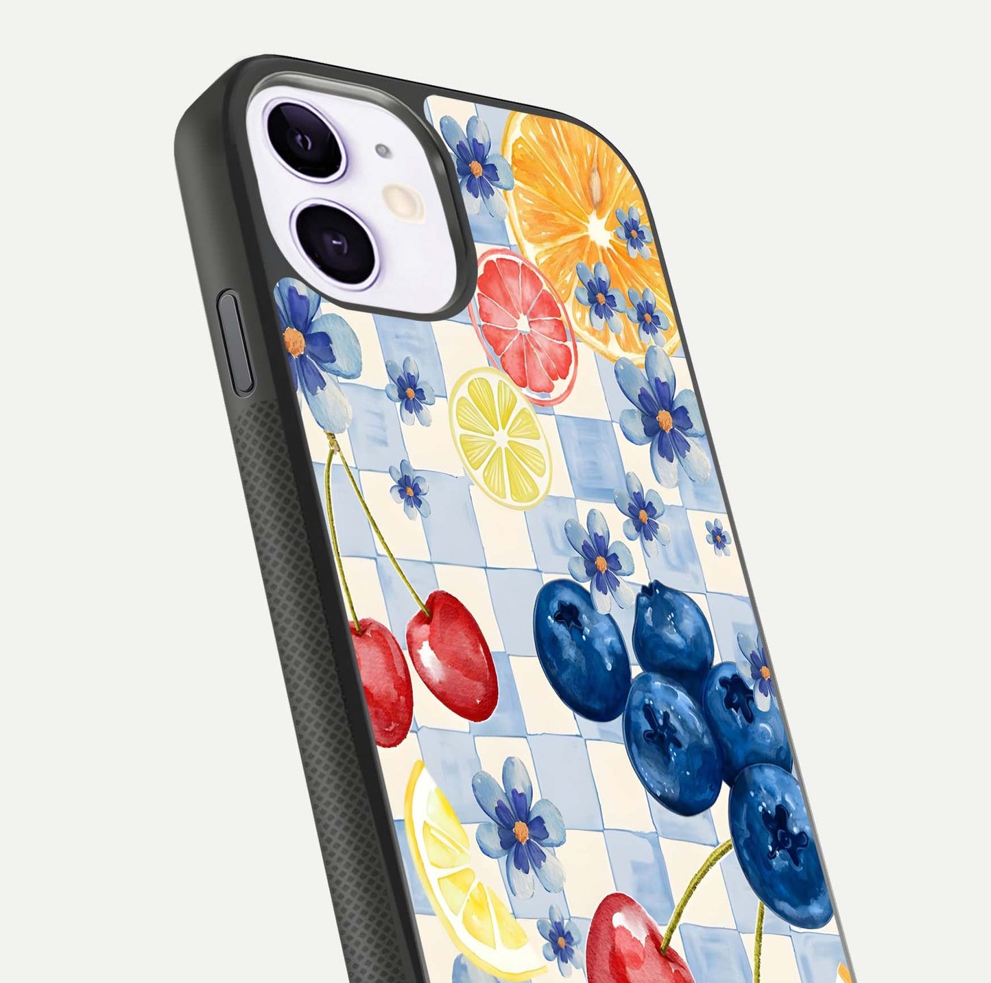 Citrus Bloom Joy Glass Case for iPhone 11 close-up highlighting orange blossoms and reflection detail