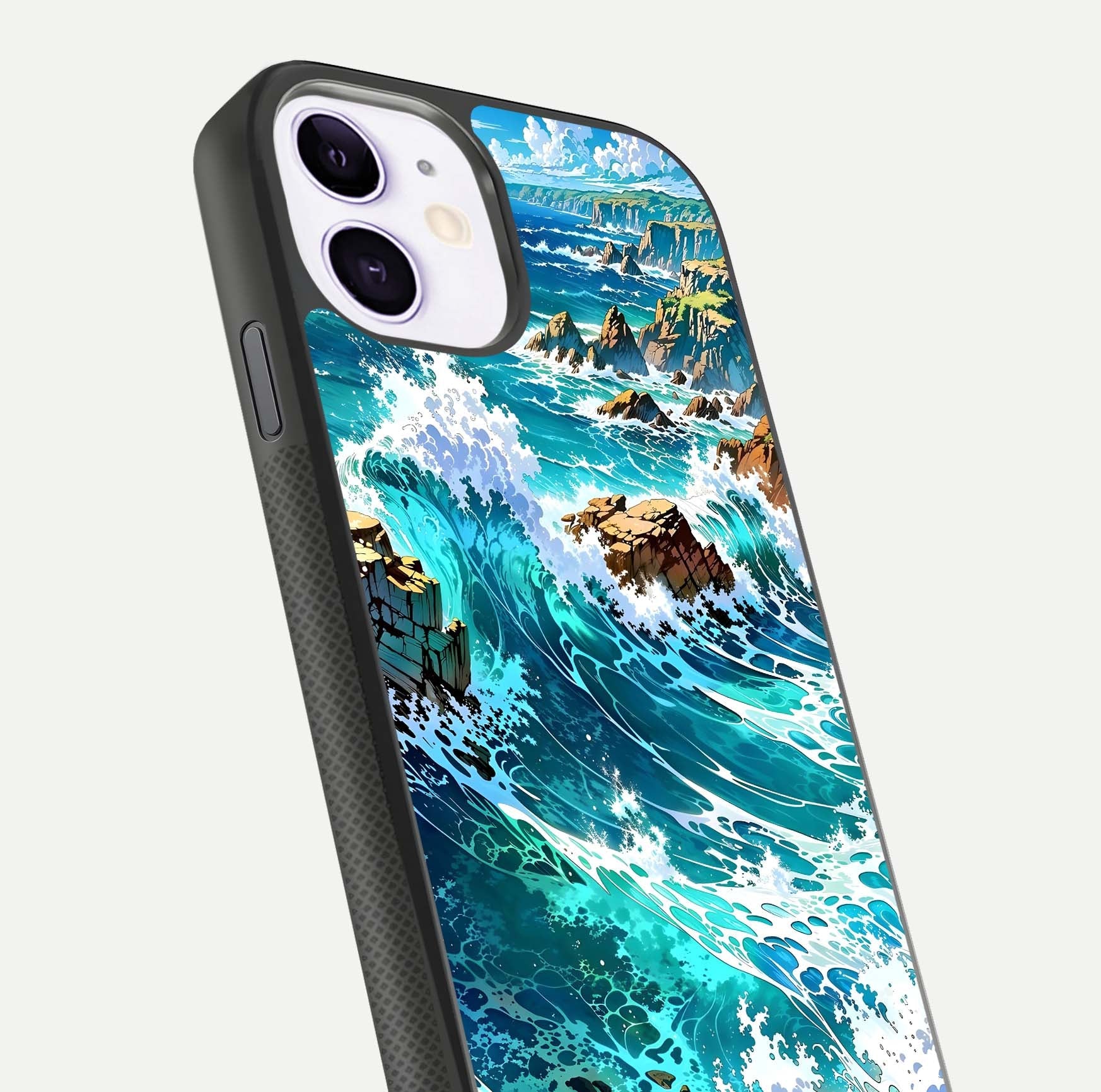 Coastal Blue Waves Glass Case for iPhone 11 close-up highlighting wave texture and blue shine
