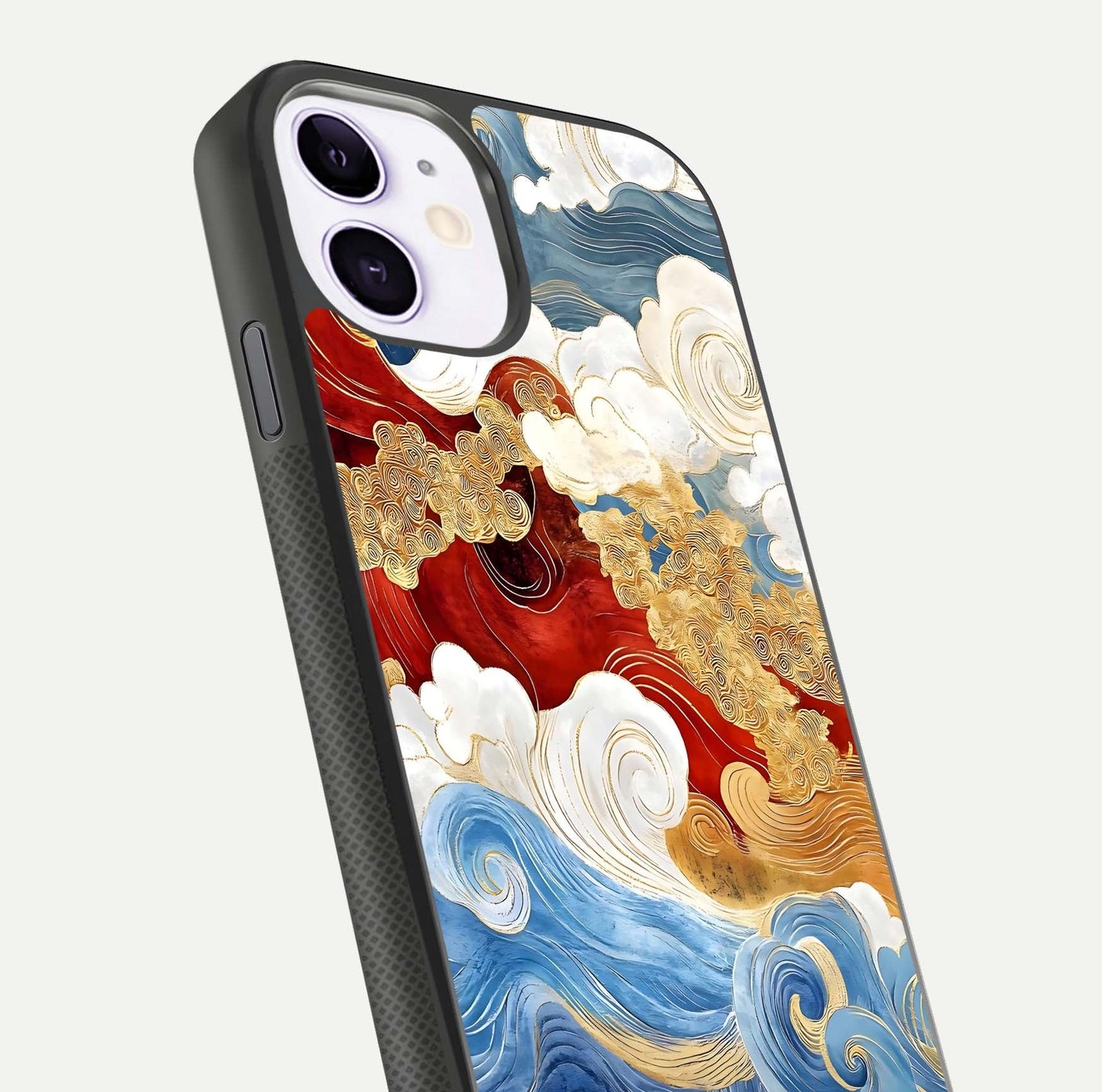 Colored Waves Glass Case for iPhone 11 close-up angled shot highlighting gradient flow and light reflection
