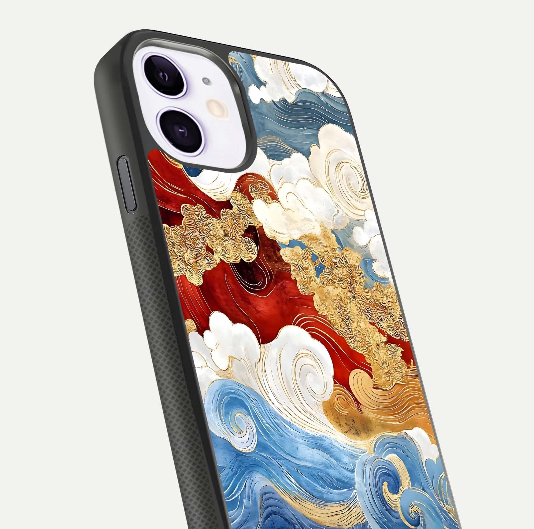 Colored Waves Glass Case for iPhone 11 close-up angled shot highlighting gradient flow and light reflection