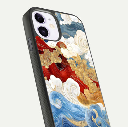 Colored Waves Glass Case for iPhone 11 close-up angled shot highlighting gradient flow and light reflection