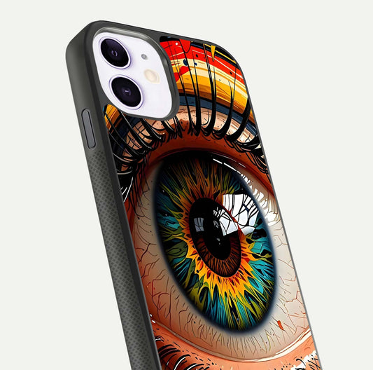 Colorful Eye Glass Case for iPhone 11 close-up highlighting eye pattern detail and reflection shine