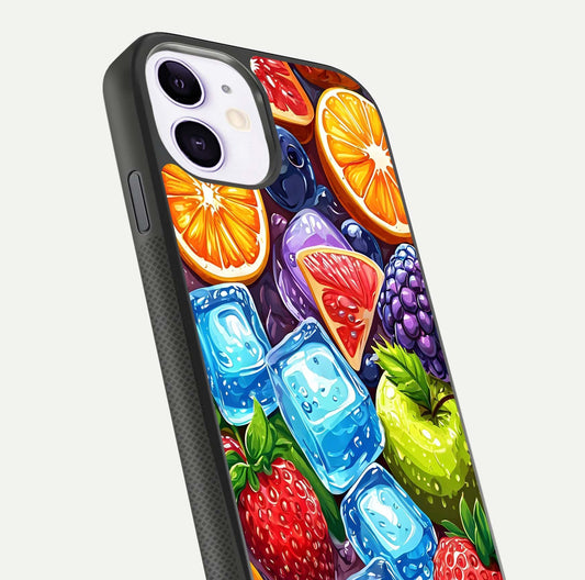 Colorful Fruits with Ice Glass Case for iPhone 11 close-up highlighting fruit color and reflection glow
