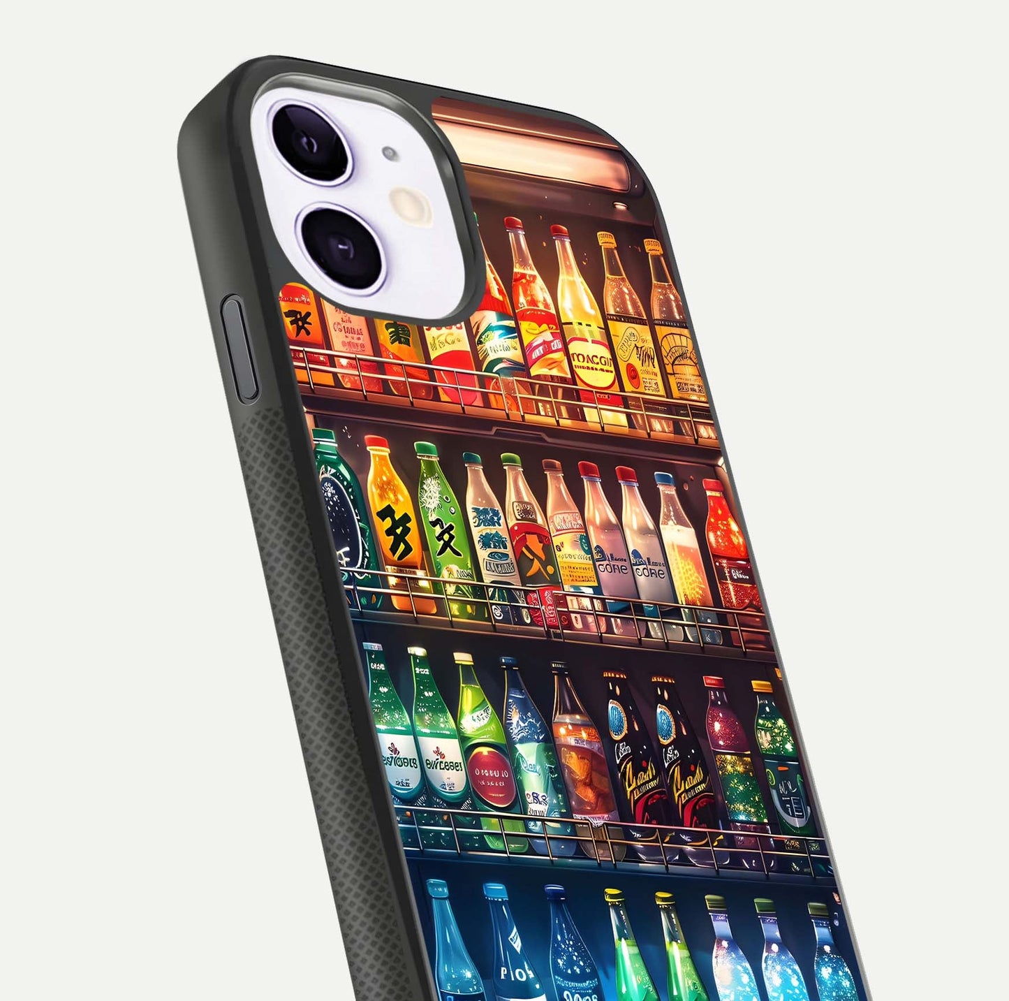 Colorful Soda Bottles Glass Case for iPhone 11 close-up showing colorful bottles and HD reflection