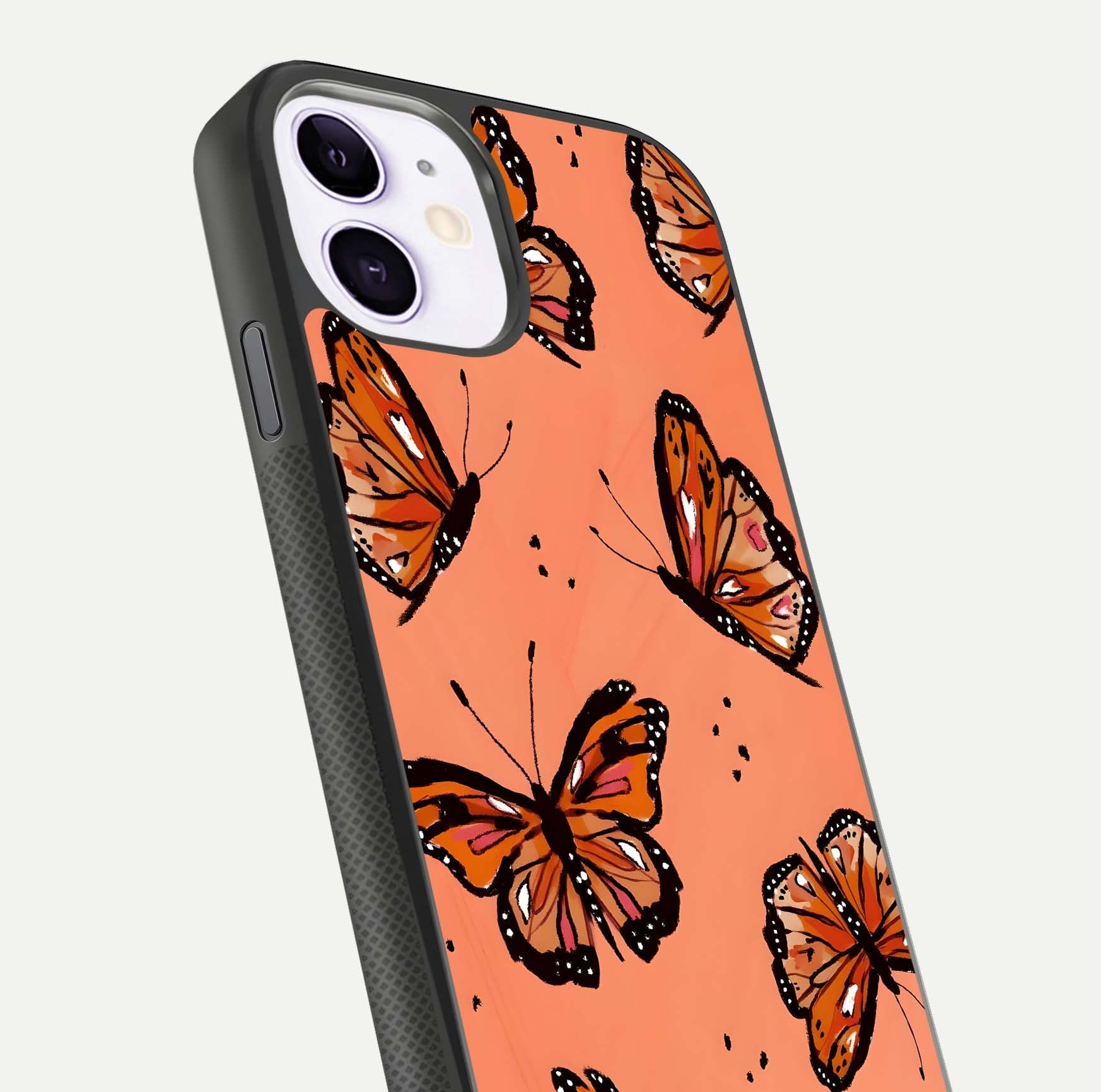 Coral Wing Butterfly Glass Case for iPhone 11 close-up highlighting wing pattern, coral tones, and reflection shine