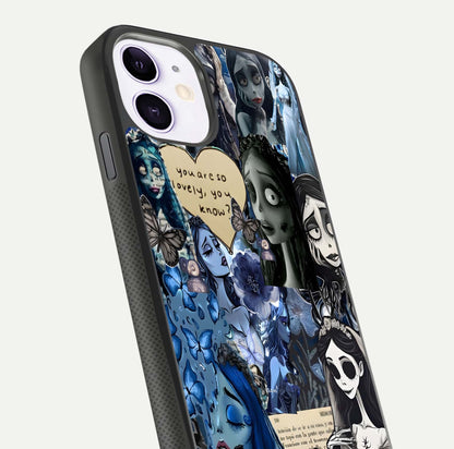 Corpse Bride Posters Glass Case for iPhone 11 close-up highlighting detailed artwork and reflection polish