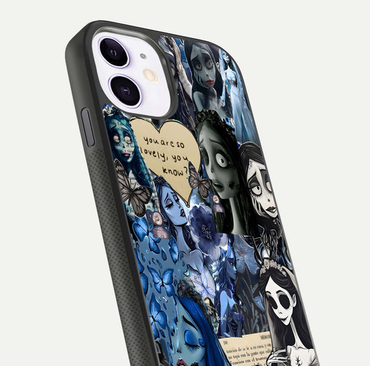 Corpse Bride Posters Glass Case for iPhone 11 close-up highlighting detailed artwork and reflection polish
