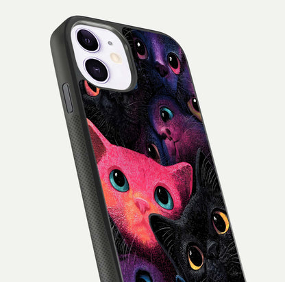 Cosmic Cats Dreams Glass Case for iPhone 11 close-up highlighting cats and cosmic glow reflection