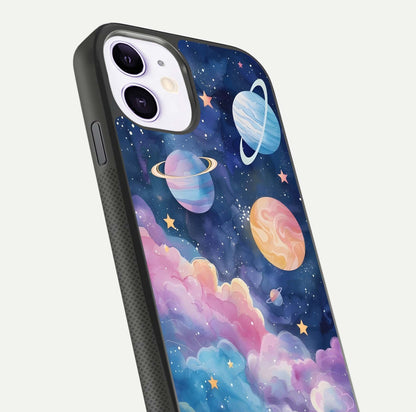 Cosmic Planet Dreams Glass Case for iPhone 11 close-up highlighting planetary details and reflection glow